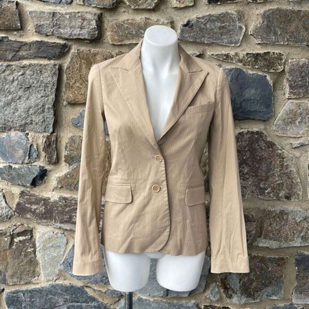 Theory Single Breasted Pinstripe Blazer Jacket in Tan/White Size Small
